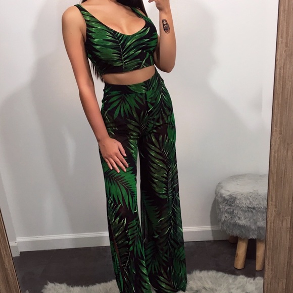 Nina Leaves Print Mesh Pant Set - Picture 3 of 7